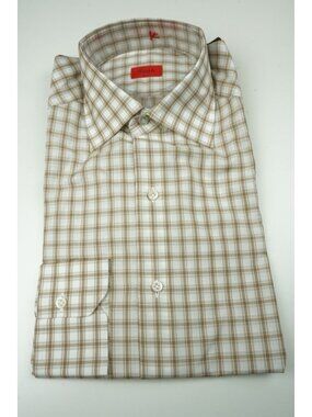 Isaia Caramel White Plaid Long Sleeve Cotton Dress Shirt 15.5/39 NEW